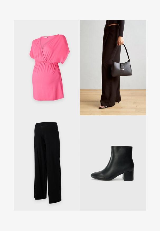 Pink maternity top made from soft fabric, featuring a crossover V-neck design, short sleeves, and an elasticized waist for comfort.; Black wide-leg pants with an elastic waistband and a smooth, stretchy texture. Features a simple design, no patterns or embellishments.; Black leather ankle boots with a pointed toe and a chunky heel. Smooth texture with minimal accents and a sleek, fitted design.; Black handbag with structured shape, smooth texture, and a metallic clasp. Paired with wide black pants and open-toe sandals on wooden floor.