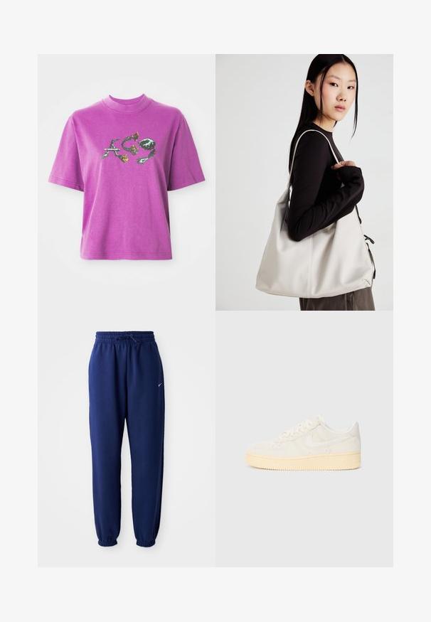 Lilla lühikeste varrukatega T-särk kõrge kraega, millel on graafiline disain stiliseeritud tähtedest "A", "C" ja "9", koos lille- ja okkaliste elementidega.; Tumesinine dressipluus, mis on valmistatud pehmest kangast, elastse vöökoha ja nööriga, elastsete mansettide ning väikese valge logoga.; Valged tennised tekstuuriga pealmise osaga, ümmarguse ninaga ja kollaka kummitaldaga. Omab diskreetset logo ja paeltega sulgemist.; Bež käekott pehme materjali, millel on lõtv disain, õmblustega detailid ja kaks õlarihma. Sobib igapäevaseks kasutamiseks.