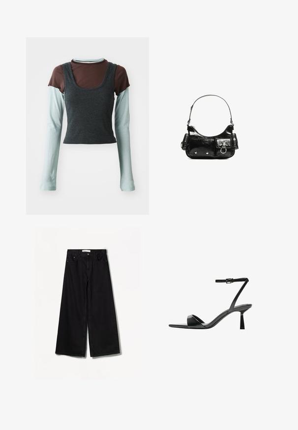 Gestuftes Langarmoberteil mit einem dunkelgrauen, gerippten, cropped Top über einem hellblauen Langarm-Basisschicht und einem braunen Kurzarmhemd.; Bershka WIDE-LEG - Wide Leg - black; Bershka High Heel Sandalette - black; Schwarze Lackleder-Handtasche mit geschwungenem Design, einem Schulterriemen, Vordertaschen und silberfarbenen Hardware-Akzenten.