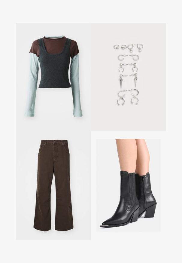 Vícenásobný top s dlouhým rukávem, který se skládá z tmavě šedého ribovaného kráceného tílka přes světle modrou základní vrstvu s dlouhým rukávem a hnědého trička s krátkým rukávem.; Hnědé široké kalhoty z bavlny, s vysokým pasem, předními kapsami a hladkou texturou. Dokončení zahrnuje jemné detaily šití.; Černé kožené kozačky do půli lýtek s špičatou špičkou, vrstvenými podpatky, bočním zipem a dekorativním prošíváním nošené na holých nohách.; Sada stříbrných náušnic s různými designy: kruhy, pecky a visací styly, se kuličkovými akcenty a špičatými prvky.