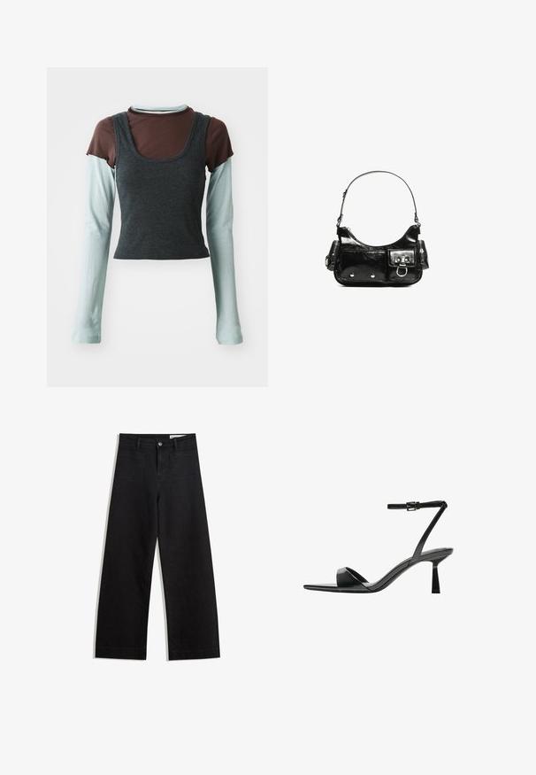 Layered long-sleeve top featuring a dark gray ribbed cropped tank over a light blue long-sleeve base layer and a brown short-sleeve shirt.; Black wide-leg denim pants with a high waist, featuring front and back pockets, stitched seams, and a button closure. Smooth texture.; Bershka High heeled sandals - black; Black patent leather handbag with a curved shape, one shoulder strap, front pockets, and silver-tone hardware accents.
