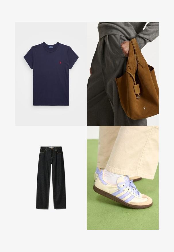 Sötétkék pamut póló rövid ujjakkal és kerek nyakkivágással. Bal mellen egy kis piros hímzett logó található.; Sötét farmernadrág egyenes szabással, réz gombos záródással és kontrasztos sárga varrással. Öt zsebbel és klasszikus fazonnal rendelkezik.; Krém és levendula színű sportcipők három csíkkal és texturált barna talppal, fűzőkkel és párnázott sarokkal. Puha anyagú felsőrész.; Barna velúr táska lekerekített formával, dupla fogantyúval és fém részlettel. Az elején egy kis logó található.