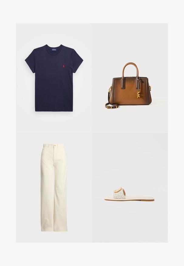 Mørkeblå bomulls t-skjorte med korte ermer og rund hals. Har en liten rød brodert logo på venstre bryst.; Polo Ralph Lauren COTTON CORDUROY WIDE-LEG PANT - Bukse - warm white; Slip-onsandal med en beige rem med geometrisk mønster, en rundet gul detalj på overdelen og en flat, lys såle.; Brun lærveske med dobbel topphåndtak, avtakbar skulderstropp, gullfarget hardware og en dekorativ anheng med bokstavene "MK."