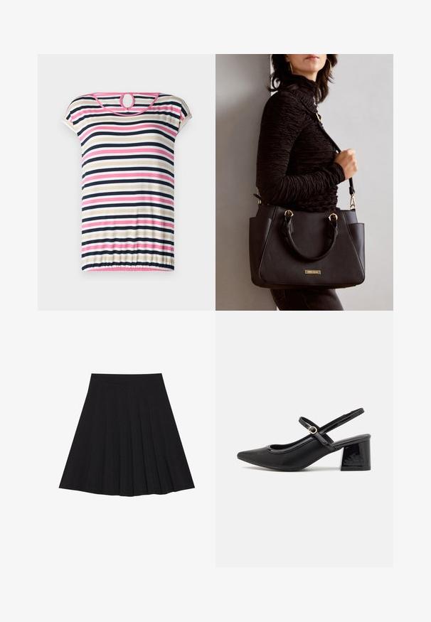 Pruhované tričko s krátkymi rukávmi v béžovej, námorníckej, ružovej a bielej farbe; má okrúhly výstrih s otvorom na zadnej strane a zhrnutý lem.; Čierna plisovaná sukňa vyrobená z textúrovanej látky s priliehavým pásom. Padá do dĺžky po kolená a má hladký, čistý siluetu.; Čierne lakované kožené lodičky so slingback dizajnom, špicatou špičkou, zaobleným výrezom a blokovým podpätkom. Obsahuje akcent zlatého tónu s prackou.; Čierna kabelka s textúrovaným povrchom, dvojitými hornými rúčkami a nastaviteľným ramenným popruhom. Obsahuje zlaté kovanie a bočné vrecká.