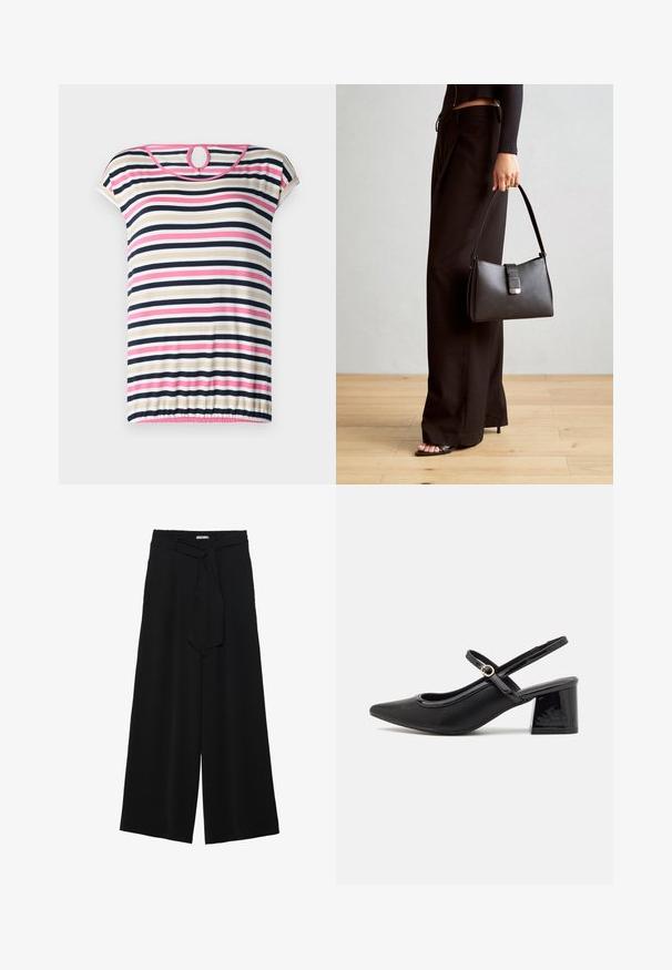 Raiščio marškinėliai su trumpomis rankovėmis, spalvų kombinacija: smėlinė, tamsiai mėlyna, rožinė ir balta; su apvaliu iškirpimu, atviru nugaroje ir susiraukšlėjusiu apvadu.; Juoda plačių kojų kelnės, pagamintos iš tekstūruoto audinio, su elastingu juosmeniu ir atsegamu diržu juosmenyje, leidžiančiu reguliuoti dydį.; Juodi patentinio odos slingback aukštakulniai su smailiu pirštu, apvaliu išpjovimu ir blokiniu kulnu. Papuošti auksiniu juostos akcentu.; Juodas rankinė struktūrizuota forma, lygi tekstūra ir metalinis užsegimas. Suporuota su plačiomis juodomis kelnėmis ir atvirais bateliais ant medinių grindų.