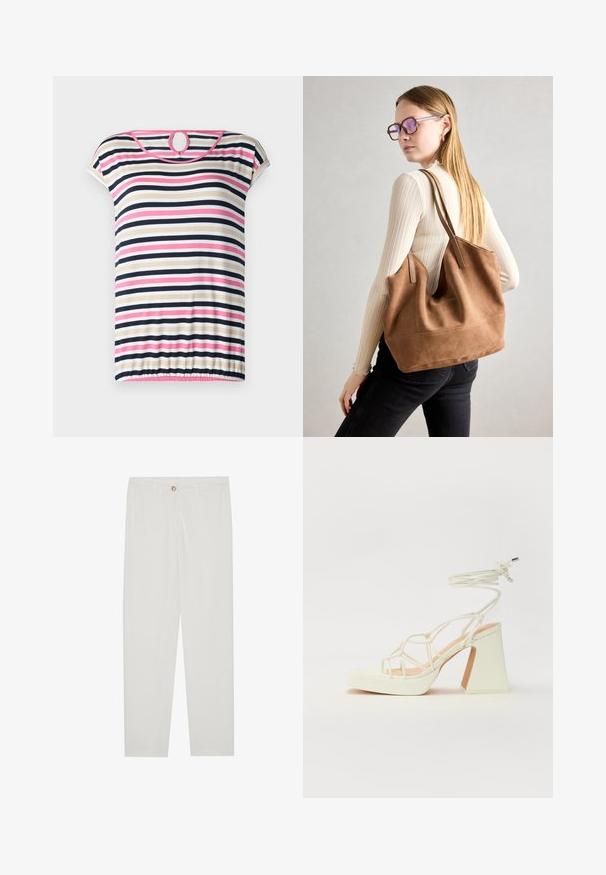 Randig t-shirt med kort ärm i beige, marinblå, rosa och vit; har en rundad halsringning med en nyckelhålsöppning i ryggen och samlad nederkant.; Vita, skräddarsydda byxor med rak benform, med knappstängning, bältesslingor och sidofickor; mjuk tygtextur.; Vit högklackad sandal med en kraftig klack, med ett remdesign och ankelband. Slät textur med en plattform framtill för ökad höjd.; Brun mocka toteväska med mjuk textur, stor öppning och långa axelremmar. Har en enkel design med synliga sömmar och ingen hårdvara.