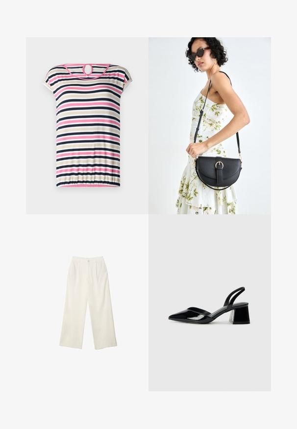 Prugasta majica s kratkimi rokavi v bež, mornarsko modri, roza in beli barvi; ima zaobljen izrez z odprtino zadaj in nabran rob.; Hlače širokih nogavic iz kremaste tkanine z gladko teksturo, z enim sprednjim gumbom, diskretnimi plisami in visokim pasom.; Črne lakirane slingback pete s koničastim nosom in geometrijsko blokasto peto. Imajo eleganten, minimalističen dizajn in gladko teksturo.; Črna usnjena torbica s ukrivljeno obliko, z odstranljivo naramnico in zlatimi dodatki. Torbica ima pokrov s podrobnostmi v obliki zaponke.