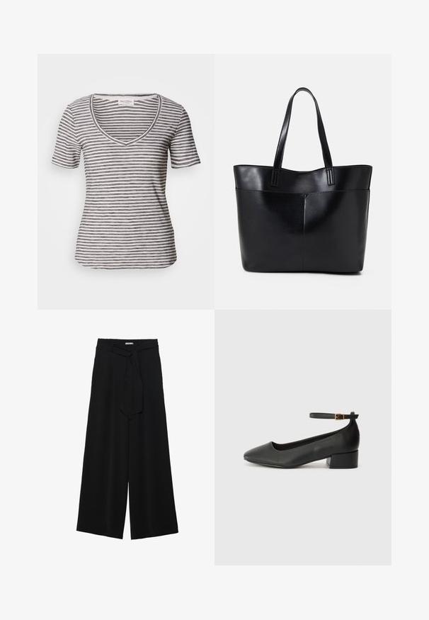 T-shirt de manga curta em riscas, branco com riscas azuis marinho. Tecido suave, ajuste descontraído e costura ao longo da gola e das mangas.; Calças largas pretas com um tecido texturizado, uma cintura elástica e um laço destacável na cintura para um ajuste ajustável.; Sandal de pele preta com bico pontiagudo e um salto bloco baixo. Apresenta uma tira no tornozelo com uma fivela em tom dourado. Textura suave.; Bolsa tote preta em couro com duas alças longas, textura suave e forma estruturada. Apresenta um bolso frontal para armazenamento adicional.