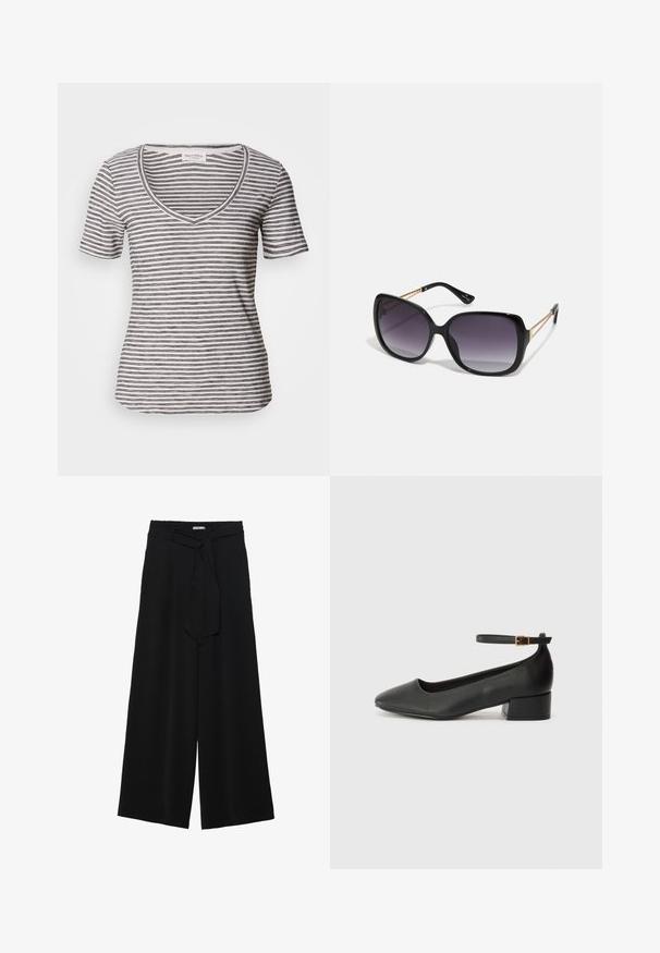 Balti ar jūras zila svītraina īsām piedurknēm v-veida kakla T-krekls. Mīksta auduma, brīva piegriezuma un šuves ap kakla izgriezumu un piedurknēm.; Melni platleņķa bikses ar teksturētu audumu, elastīgu jostu un noņemamu siksnu viduklī, kas nodrošina regulējamu piegulšanu.; Melnas ādas sūkņi ar smailu purngalu un zemu bloku papēdi. Iezīmēts ar potītes siksniņu ar zelta krāsas sprādzi. Gluda tekstūra.; Melni pārmērīgi lieli saulesbrilles ar gradāciju lēcām, biezām rāmja malām un zeltainas krāsas ķēžu detaļām uz tempļiem.