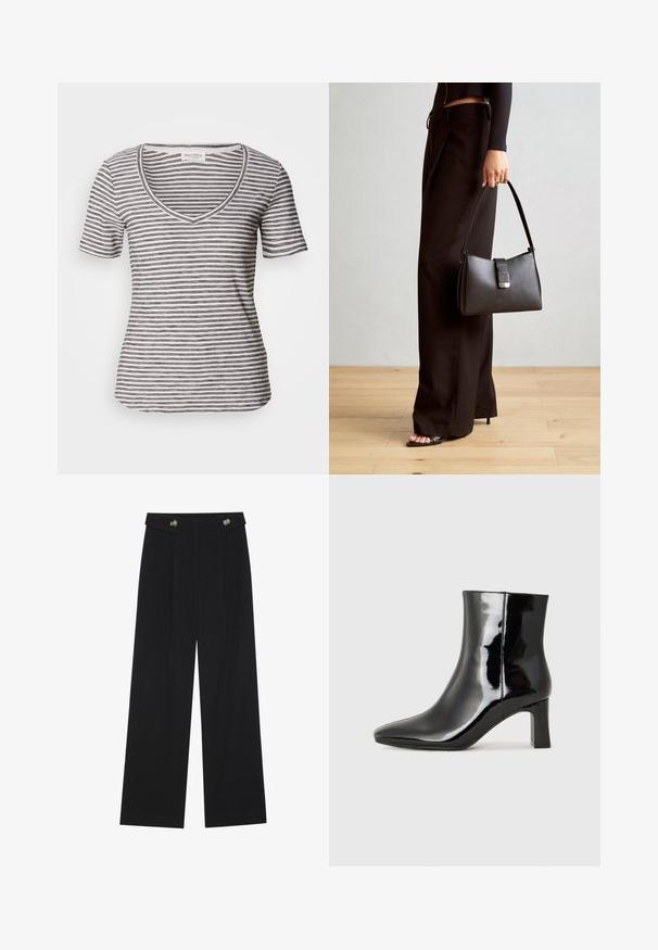 Striped short-sleeve v-neck t-shirt in white with navy stripes. Soft fabric, relaxed fit, and stitching along the neckline and sleeves.; Black wide-leg trousers with high waist, button details on waistband, and front pleats.; Black patent leather ankle boot with a pointed toe and a mid-height block heel. Smooth texture and minimalist design.; Black handbag with structured shape, smooth texture, and a metallic clasp. Paired with wide black pants and open-toe sandals on wooden floor.