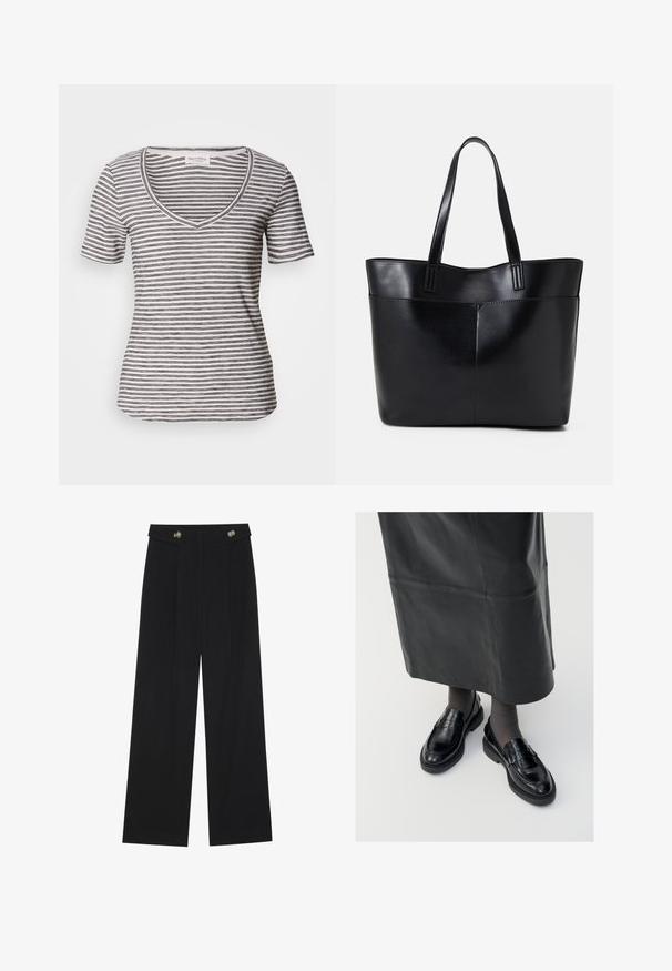 Balta trumpa rankovė v-kaklu marškinėliai su tamsiai mėlynomis juostelėmis. Minkšta medžiaga, laisvas siluetas ir siuvinėjimas aplink kaklą bei rankoves.; Juodi plačios kojos kelnės su aukštu liemeniu, sagų detalėmis ant liemens ir priekinėmis raukšlėmis.; Juodos odinės loafer bateliai su glotniu paviršiumi, dekoratyvine juostele, apvalia nosimi ir tekstūruotu padu. Dėvimi su ilga juoda odine sijonu.; Juoda odinė rankinė su dviem ilgais diržais, lygiu paviršiumi ir struktūrizuota forma. Yra priekinė kišenė papildomam saugojimui.