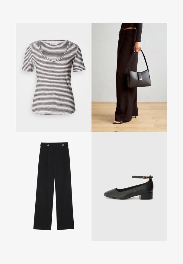 Pruhované tričko s krátkým rukávem a výstřihem do V v bílé barvě s námořnickými pruhy. Měkká látka, volný střih a švy podél výstřihu a rukávů.; Černé široké kalhoty s vysokým pasem, detailní knoflíky na pase a přední záhyby.; Černé kožené lodičky s špičatou špičkou a nízkým blokovým podpatkem. Obsahují pásek kolem kotníku se zlatou sponou. Hladký povrch.; Černá kabelka se strukturovaným tvarem, hladkým povrchem a kovovým uzávěrem. Kombinována s širokými černými kalhotami a sandály s otevřenou špičkou na dřevěné podlaze.