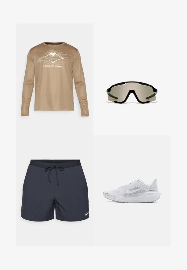 Beige Langarmshirt mit Rundhalsausschnitt, versehen mit dem ASICS FUJITRAIL-Logo und einer Berggrafik in Weiß auf der Brust.; Nike Laufshorts in Dunkelgrau, elastischer Bund mit Kordelzug, seitliche Taschen, leichtes Material, mit einem weißen Nike-Logo am unteren Saum.; Weißer Sportschuh mit einem Obermaterial aus Mesh, glatten Überzügen, grauen Akzenten, Schnürsenkeln und einer gepolsterten Sohle, die für Leistung ausgelegt ist.; Schwarze sportliche Sonnenbrille mit großen, überlappenden, grün getönten Gläsern, die ein kantiges Design und klare seitliche Akzente aufweisen. Markenlogo oben sichtbar.