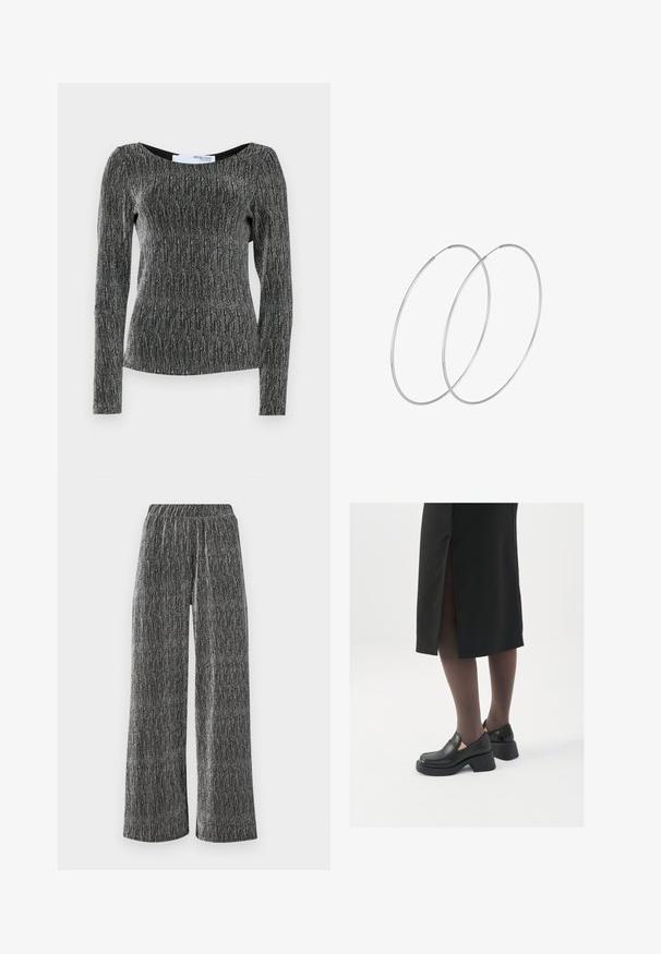 Langärmliges Oberteil in Schwarz mit silberner Metallic-Garnierung. Verfügt über einen runden Ausschnitt und eine figurbetonte Silhouette mit strukturierten Rippungen.; Weite Hosen aus einem strukturierten, schwarz-silbernen Material mit einem eng anliegenden, elastischen Bund und vertikalem Streifenmuster.; Schwarze Lederschuhe mit abgerundetem Zeh, dicker Blockabsatz und elastischen seitlichen Akzenten, kombiniert mit dunklen Strumpfhosen und einem schwarzen Rock mit Schlitz.; Silberne Creolen mit minimalistischem Design. Rundform, glatte Oberfläche und dünnes Profil. Leichtgewichtig mit hochglänzender Oberfläche.
