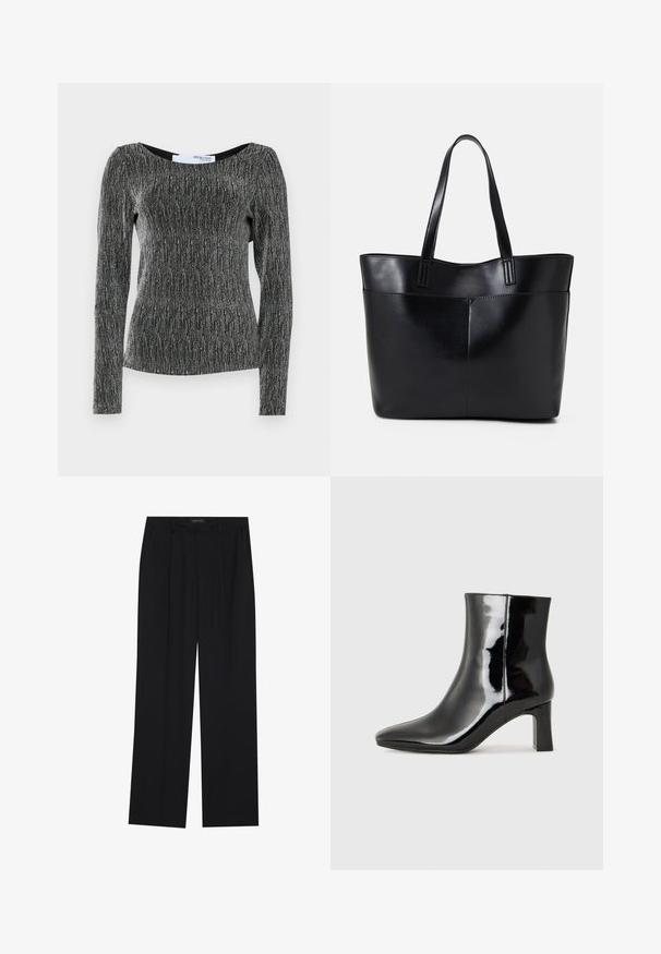Dlhý rukáv top v čiernej farbe so strieborným metalickým prešívaním. Má výstrih do véčka a obtiahnutý siluetu s textúrovaným rebrovaním.; Čierne nohavice so strihom rovného nohu, s dvoma prednými vreckami a pásom. Vyrobené z hladkej, ľahkej textílie.; Čierne lakované členkové topánky s špicatou špičkou a stredne vysokým blokovým podpätkom. Hladká textúra a minimalistický dizajn.; Čierna kožená tote taška s dvoma dlhými rúčkami, hladkým povrchom a štruktúrovaným tvarom. Obsahuje prednú kapsu pre dodatočné uskladnenie.