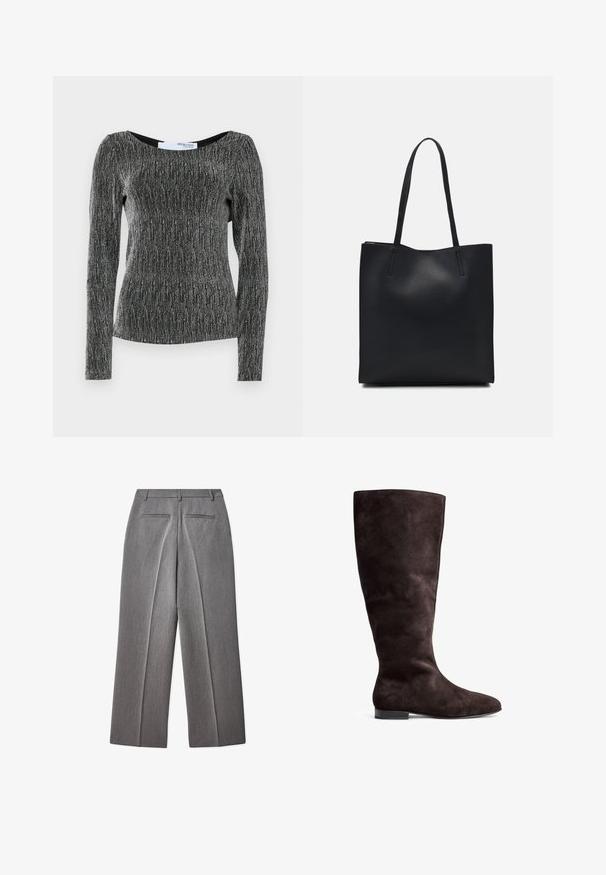 Top a maniche lunghe in nero con filati metallici argento. Caratterizzato da un collo a barca e una silhouette aderente con costine testurizzate.; Pantaloni grigi su misura con fronte piatto, design a gamba dritta, due tasche posteriori e una leggera trama.; Stivale in suede marrone al ginocchio con una texture liscia, punta rotonda e una suola nera bassa. Design semplice senza decorazioni.; Borsa tote in pelle nera con texture liscia, forma rettangolare e due manici lunghi. Nessun hardware o decorazione visibile.