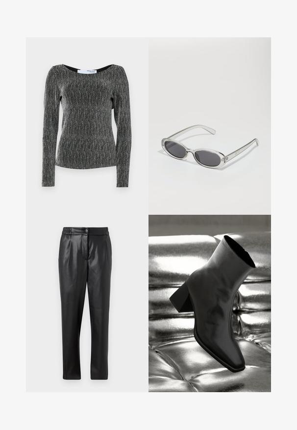 Langärmliges Oberteil in Schwarz mit silberner Metallic-Garnierung. Verfügt über einen runden Ausschnitt und eine figurbetonte Silhouette mit strukturierten Rippungen.; Schwarze Lederhosen mit glatter Oberfläche, geradem Schnitt, elastischem Bund und vorderem Knopfverschluss; gefaltete Details und schmal zulaufende Beine.; Schwarzer Knöchelstiefel aus glänzendem Material mit quadratischer Zehenform und verjüngtem Absatz, vor einem glänzenden silbernen gepolsterten Hintergrund.; Sonnenbrille mit ovaler Form, klarem Kunststoffrahmen, dunkelgrauen Gläsern und dünnen transparenten Bügeln mit Logo-Akzenten und minimalen Details.