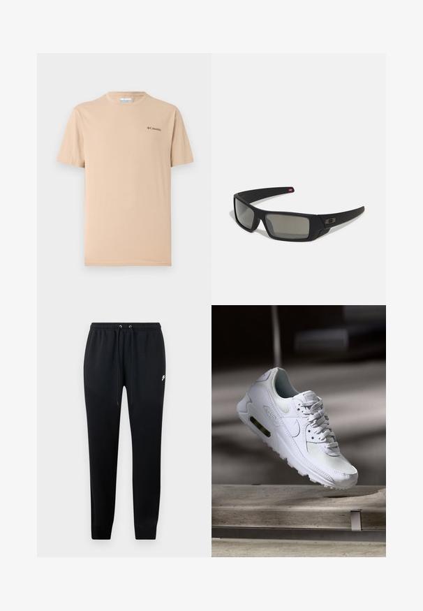 Bežinė trumpa rankovė marškinėliai, pagaminti iš minkštos medžiagos, su apvaliu kaklu ir mažą juodą logotipą kairėje krūtinės pusėje. Paprastas dizainas.; Juodos sportinės kelnės, pagamintos iš minkštos medžiagos, su elastingu juosmeniu ir raišteliais, aptemptomis kulkšnėmis ir nedideliu logotipo akcentu šone.; Baltos Nike Air Max 90 sportbačiai su.comi ir odos viršumi, perforuota pirštų dėžute ir matomu oro pagalvėle kulne.; Juodi akiniai saulės su matinio paviršiaus užbaigimu, stačiakampiai lęšiai, švelnus lenkimas ant šventyklų, subtilus logotipo detalizavimas ir dūminiai lęšiai.