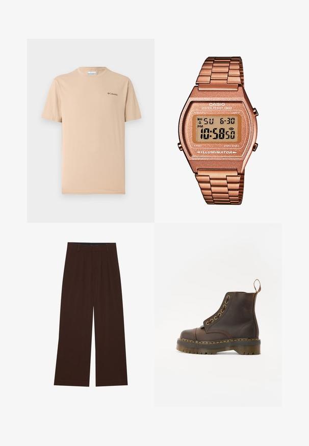 Beige short-sleeve t-shirt made of soft fabric, featuring a round neckline and a small black logo on the left chest. Simple design.; Brown wide-leg trousers with pleats. Made of a smooth fabric, featuring a tailored waistband and side pockets. Flat hem at the bottom.; Brown leather ankle boot with a round toe, contrasting yellow stitching, decorative metal eyelets, and a grooved rubber sole.; Digital Casio watch with a rose gold metal band, rectangular case, illuminated display, and water resistance, showing time and date.