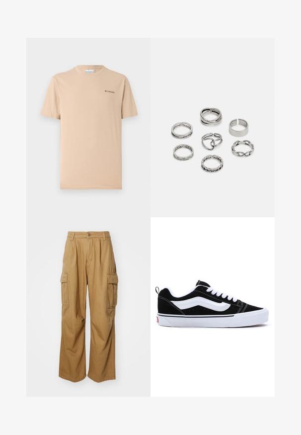 Μπεζ κοντομάνικο μπλούζα φτιαγμένη από μαλακό ύφασμα, με στρογγυλή λαιμόκοψη και μικρό μαύρο λογότυπο στο αριστερό στήθος. Απλός σχεδιασμός.; Καφέ cargo παντελόνια με ίσια γραμμή, διαθέτοντας δύο πλαϊνές τσέπες και κλείσιμο με κουμπί. Κατασκευασμένα από ένα μαλακό, ανθεκτικό ύφασμα.; Μαύρα σουέτ αθλητικά παπούτσια με λευκά στοιχεία, με χαμηλό σχέδιο, κούμπωμα με κορδόνια και χοντρή λευκή καουτσούκ σόλα. Λογότυπο της μάρκας στην φτέρνα.; Σέτ από επτά ασημένιες δαχτυλιές με διάφορα σχέδια, συμπεριλαμβανομένων στριφτών, συνδεδεμένων και χαρακτών μοτίβων. Διαφορετικά σχήματα και πλάτη.