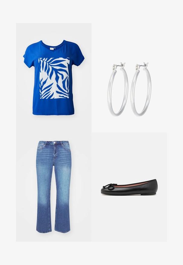 Mėlynas trumpųjų rankovių marškinėliai su dideliu baltu žirafos lapo spaudiniu priekyje. Lygi medžiaga, laisvo kirpimo ir V formos apykaklė.; Džinsai, turintys šviesiai mėlyną iki vidutinio mėlynumo gradientą. Sukurti tiesios kojos kirpimui, su penkiomis kišenėmis ir siuvinėjimu palei siūles.; Juodo odinio baleto batelio su apvalia nosimi, dekoratyvine juostele ir lygiu paviršiumi. Minimalistinis dizainas su žemu, plokščiu padu.; Sidabriniai auskarai su sklandžiu, poliruotu paviršiumi. Apvalios formos ir saugus uždarymo mechanizmas. Lengvas dizainas, tinkantis kasdieniam dėvėjimui.