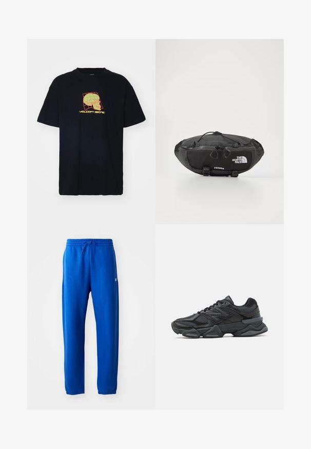 Volcom MINDOOR - T-Shirt print - black; Blaue Sweatpants aus weichem Stoff, mit einem elastischen Bund und Kordelzug, schmal zulaufenden Beinen und einem kleinen Logodetail an der Seite.; Schwarzer Laufschuh mit einer Mischung aus Mesh- und sinthetischen Materialien, dicke Sohle, geschwungenes Design und auffälliger Markenkennzeichnung an der Seite.; The North Face TERRA LUMBAR 3L UNISEX - Gürteltasche - asphalt grey/black