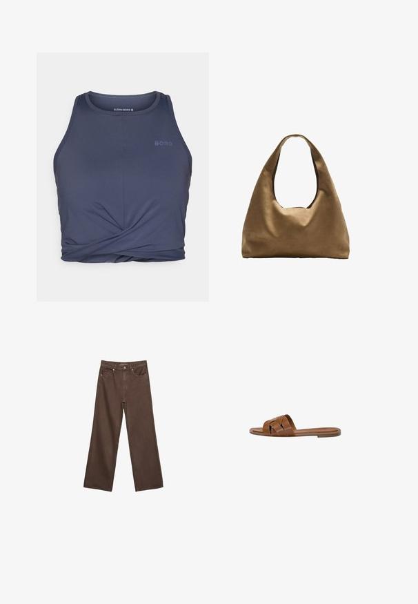 Tmavě modrý sportovní top na ramínka s kulatým výstřihem, se šroubovaným předním designem a slovem "BORG" vytištěným světlejším odstínem.; Hnědé džíny s širokými nohavicemi vyrobené z denimu, s vysokým pasem, předními kapsami a klasickým zapínáním na knoflík. Hladká textura s jemným švem.; Hnědé kožené skluzné sandály s kříženými pásky, plochou podrážkou a hladkým povrchem. Jednoduchý design bez ozdob a vzorů.; Hnědá textilní taška přes rameno s širokým, zaobleným tvarem a velkým výřezem na rukojeť. Měkká textura, minimalistický design a žádné viditelné kovové prvky.