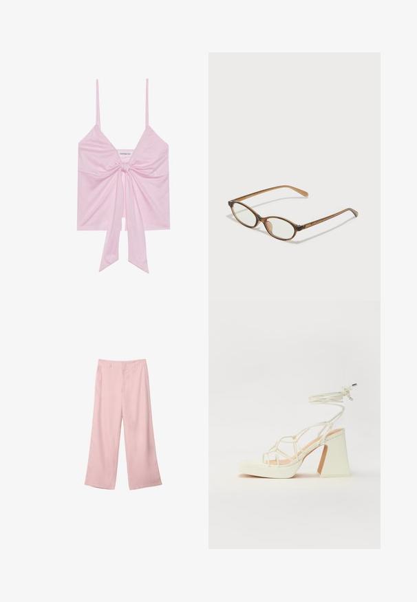 Roze mouwloos topje met een knoopdetail aan de voorkant, voorzien van dunne bandjes en een zachte, gladde textuur. Casual ontwerp met een ontspannen pasvorm.; Lichtroze wijde broek van gladde stof. Kenmerkt zich door een gestructureerde tailleband en rechte, vloeiende pijpen, zonder zichtbare patronen of hardware.; Witte hoge hakken sandaal met een chunky hak, met een bandjesontwerp en enkelband. Gladde textuur met een plateau voor extra hoogte.; Bruine schildpadbril met ovale lenzen, dunne armen en transparante accenten. Heeft een subtiele logo op de tempel. Strak, lichtgewicht ontwerp.