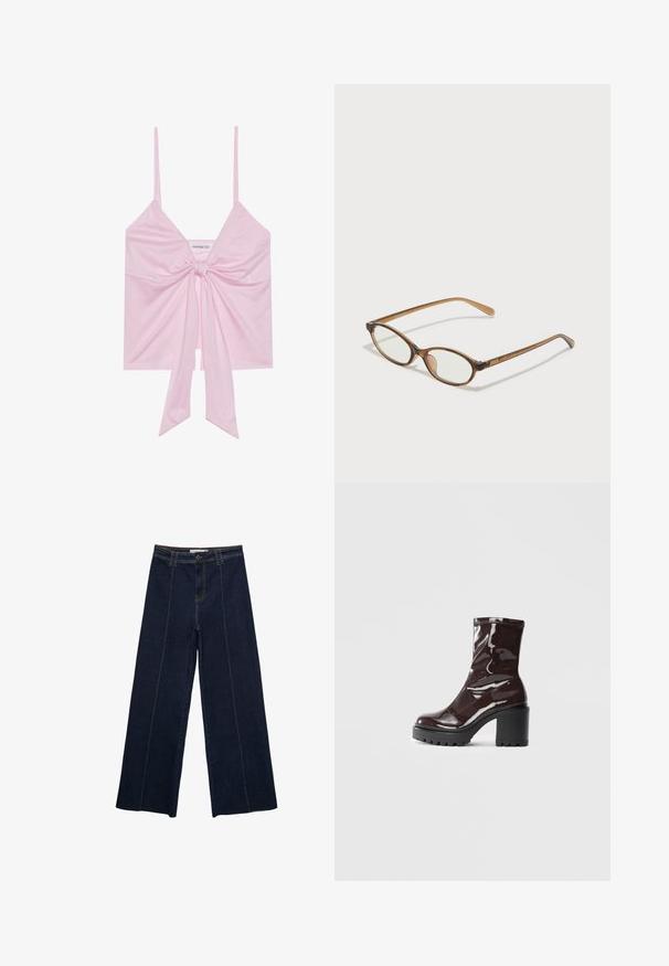 Vaaleanpunainen hihaton paita, jossa on edessä solmu, ohuilla olkaimilla ja pehmeällä, sileällä kankaalla. Rentoa, tilavaa muotoilua.; Tumma farkut, joissa on leveät lahkeet, kontrastivärinen ommel, korkea vyötärö ja suora leikkaus. Ominaisuuksiin kuuluvat etutaskut ja klassinen nappikiinnitys.; Satea bordeaux berwarna mengkilap dengan tumit hitam tebal, menampilkan tekstur halus dan desain sederhana. Tanpa pengikat atau pola yang terlihat.; Ruskeat kilpikonnaruutulasiset silmälasit, joissa ovaalit linssit, ohuet varret ja läpinäkyvät yksityiskohdat. Temppeleissä on huomaamaton logo. Suunnittelultaan suora ja kevyt.