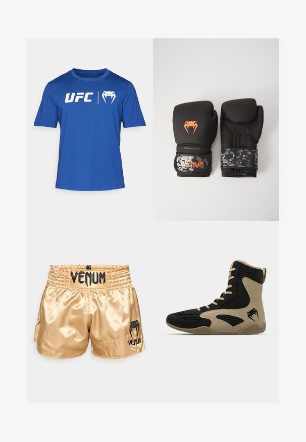 Trumpai rankovėmis mėlyna marškinėliai, pagaminti iš medvilnės, su baltais "UFC" užrašais ir logotipu priekyje, su apvaliu iškirpimu ir standartiniu siluetu.; Auksiniai satino bokso šortai su juodu "VENUM" logotipu ant juosmens ir šonų, pasižymintys lygiu paviršiumi ir elastingu juosmeniu patogumui.; Aukštesni sportiniai batai, turintys juodą tinklinį paviršių su smėlio spalvos akcentais. Tekstūruota gumos pašiūrė ir logotipo detalė šonėje.; Juodi bokso pirštinės su matinio paviršiaus apdaila ir ergonomišku dizainu. Oranžinės logotipo detalės ir kamufliažo rašto riešo diržai.