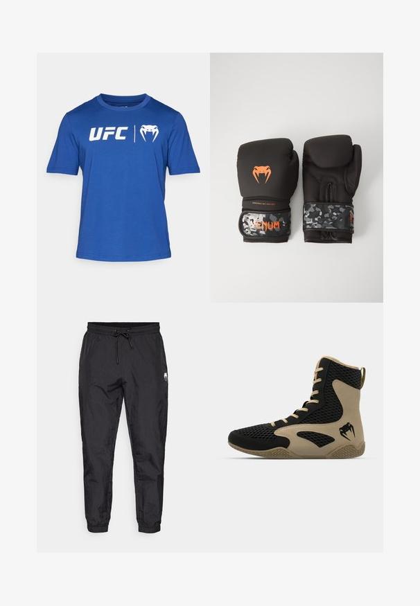 Kortärmad blå t-shirt i bomull, med vit "UFC"-text och en logotyp på framsidan, rund hals och normal passform.; Svarta, lätta joggingsbyxor med resårmidja och dragsko, insvängda ben och en subtil strukturerad finish.; Högskuren спортивна sko med en svart nätutsida och beige accenter. Texturerad gummisula och logodetalj på sidan.; Svarta boxningshandskar med matt yta och ergonomisk design. Orange logotypdetaljering och handledsremmar med kamouflage-mönster.