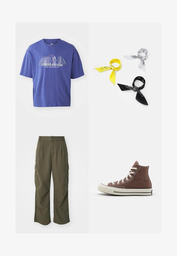 Violeta kokvilnas T-kreklu ar brīvu piegriezumu, apaļu kakla izgriezumu un grafisku dizainu, kas nolasāms "ALPHA STUDIO EDITION" treknrakstā.; Olīvu zaļas kravas bikses, izgatavotas no kokvilnas, ar platām kājām, ar krokām un sānu kabatām funkcionālitātes nolūkos.; Augsti brūni kanvas sporta apavi ar baltiem šņorēm, gumijas pirkstu daļu un melnu svītru uz zoles. Iezīmējas ar baltu šuvumu un klasisku dizainu.; Trīs bandanas: viena dzeltena ar melniem rakstiem, viena balta ar melniem dizainiem un viena melna ar baltiem attēliem. Visi ir kvadrāti, viegli audumi.