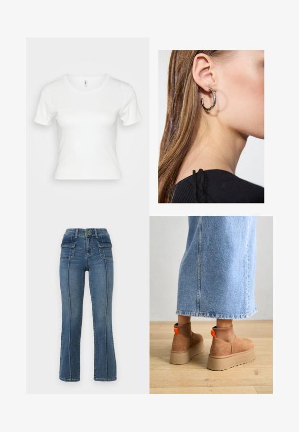 Valge lühikeste varrukatega T-särk ribakanga materjalist, millel on lähedalt istuv lõige ja klassikaline ümmargune kaelus. Ilma mustrite või lisadeta.; ONLY Petite ONLWAUW MID WAIST FLARED - Alt laienevad teksad - medium blue denim; Pruunid nahatooted platvormikontsad elastsete külgpaneelidega ja oranžide tõmbetuttidega, koos puusani ulatuva heleda denim-seelikuga puidust põrandal.; Hõbedane rõngas kõrvarõngas poleeritud viimistlusega, millel on väikesed kuldsed aktsendid ja ümmargune kuju, kantud lobus.