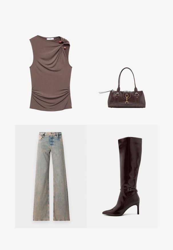 Hnědý top bez rukávů s draperií na přední straně, bočním řasením a dvěma ozdobnými knoflíky na rameni, vyrobený z hladké, elastické látky.; Světle modré kalhoty s širokými nohavicemi a vybledlou texturou, s pěti kapsami a poutky na pásek, vyrobené z denimové látky.; Anna Field Vysoká obuv - bordeaux; Tmavě hnědá kožená kabelka s dvěma horními držadly, zlatými kováními, detailním předním zapínáním a prošívanou texturou na bocích.