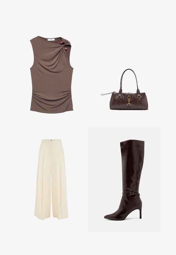 Topă brown fără mâneci cu un front drapat, jumătate plisată pe lateral și două butoane decorative la umăr, realizată dintr-un material neted și elastic.; Pantaloni largi dintr-un material bej deschis, având un design plisat în față, talie înaltă și o textură netedă. Fără elemente de prindere sau modele vizibile.; Anna Field Cizme - bordeaux; Geantă de mână din piele maro închis, cu două mânere superioare, accente de hardware aurii, un detaliu de închidere frontală și texturi cusute pe laturi.