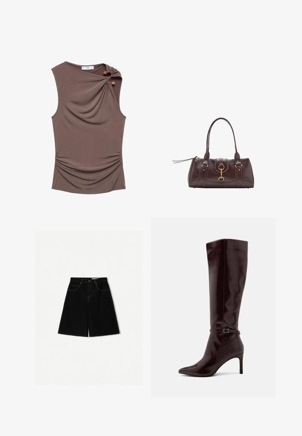 Brown sleeveless top with a draped front, side ruching, and two decorative buttons at the shoulder in a smooth, stretchy fabric.; Black denim shorts with a loose fit, featuring five pockets, yellow stitching accents, and a mid-rise waist design.; Anna Field Boots - bordeaux; Dark brown leather handbag with two top handles, gold hardware accents, a front clasp detail, and stitched textures on the sides.