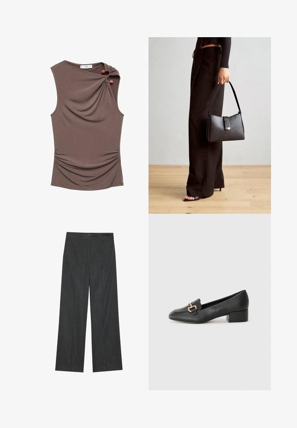Bruine mouwloze top met een gedrapeerde voorkant, zijkant rimpeling en twee decoratieve knopen op de schouder in een soepel, rekbaar materiaal.; Donkergrijze wijde broek gemaakt van textuurstof, met een platte voorkant, ceintuurlussen en een schone afwerking aan de zoom.; Zwarte lederen instappers met een platte hak, met een decoratieve gouden hardware detail aan de voorkant en een gladde textuur.; Zwarte handtas met gestructureerde vorm, gladde textuur en een metalen sluiting. Gecombineerd met brede zwarte broeken en sandalen met open teen op een houten vloer.