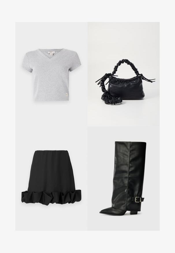 Szara bawełniana koszulka z krótkim rękawem, z dekoltem w serek i małą metką z logo na dole po lewej stronie. Miękka faktura i prosty design.; Czarna spódnica z falbaniastym dołem, wykonana z lekkiego materiału. Posiada elastyczny pasek w talii dla wygodnego dopasowania. Prosty i uniwersalny design.; Czarne skórzane botki do kostek z ostrym noskiem, gładką fakturą i srebrnym zapięciem z boku. Gruby kwadratowy obcas.; Czarna torebka z syntetycznej skóry o teksturze krokodyla, z zaciąganym górnym zamknięciem i marszczonym paskiem. Wygląda na miękką i zwartą w designie.