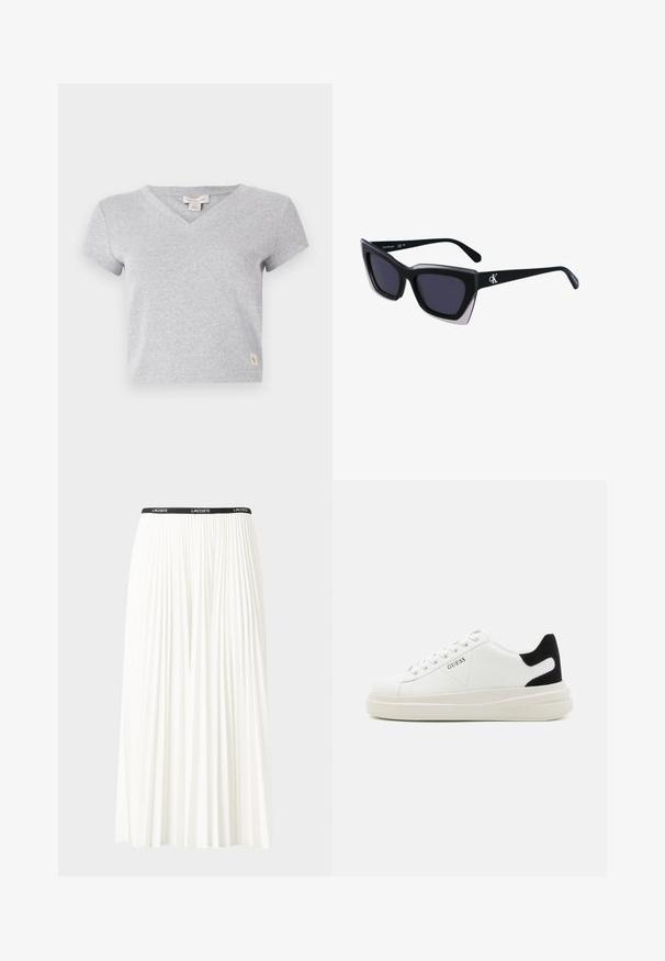T-shirt cinza de algodão com mangas curtas e decote em V, apresentando uma pequena etiqueta com logo no canto inferior esquerdo. Textura suave e design simples.; Saia plissada branca com uma cintura elástica preta que apresenta o logótipo "LACOSTE". Design de comprimento médio com textura suave.; Sapatilhas brancas de couro com uma sola branca espessa, detalhe em camurça preta no calcanhar e logótipo em relevo na lateral. Design com atacadores e seis ilhós.; Óculos de sol oversized pretos com forma geométrica, apresentando lentes escuras e um detalhe cinza em contraste na armação. Logotipo na haste.