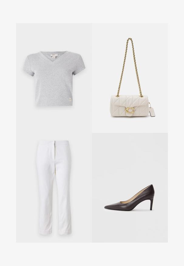 Hall vahepealne puuvillane t-särk lühikeste varrukatega, V-kaelusega ja väikese logotägi alumises vasakus nurgas. Pehme tekstuur ja lihtne disain.; Valged puuvillased püksid sirge lõikega, keskmise kõrgusega vöökoht ja ilma nähtavate detailide või mustriteta. Ühtlane sile tekstuur.; Must musta kõrged kontsad, terava ninaga, sileda pinnaga ja peene stiletto kontsaga. Sees on beež vooder.; P буксированная белая кожаная kottikott, millel on kuldne ahelõng, mis on varustatud kuldse lukuga ja eemaldatava sildiga. Kompaktne ristkülikukujuline kuju.