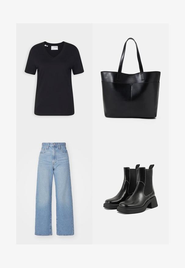 Fekete pamut póló v-nyakú, rövid ujjú és laza szabású. Simaság és letisztult szegés díszítés nélkül.; Világoskék, magas derekú, bő szárú farmernadrág, elülső gombbal és cipzárral, elülső és hátsó zsebekkel, fehér háttérrel.; Fekete bőr Chelsea csizmák masszív sarkakkal, rugalmas oldalsó panelekkel és kontrasztos fehér varrással. Texturált felület.; Fekete bőr bevásárlótáska két hosszú fogantyúval, sima felülettel és strukturált formával. Elülső zseb található rajta a plusz tárolás érdekében.
