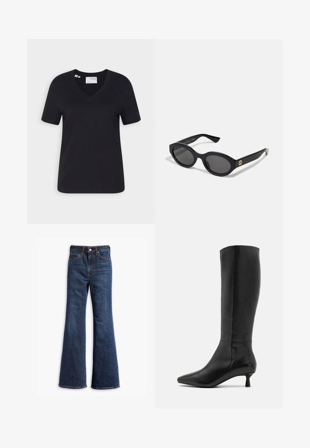 Svart bomulls T-skjorte med V-hals, korte ermer og avslappet passform. Glatt tekstur og ren kant uten ornamenter.; Høytlivete mørkeblå denimjeans med utvidede ben, frontlås med knapp og glidelås, og fem-lommers design.; Zign Støvler - black; Sorte ovale solbriller med mørke linser og blank plastramme. Har gulllogo på stengene, og tilbyr et elegant og moderne design.