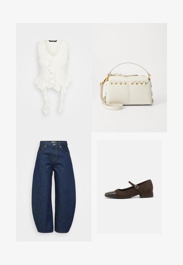 Fehér ujjatlan felső V-kivágással, fodros részletekkel az élén és textúrált anyagból. Az alján lévő megkötők kiemelik a dizájnt.; Magas derekú sötétkék farmernadrág széles lábakkal, elöl gombbal és cipzárral záródik, klasszikus öt zsebes kialakítással.; Barna velúr Mary Jane cipő fekete lakk bőrből készült orr résszel, állítható pánttal és alacsony blokk sarkával. Simább textúra minimális díszítésekkel.; Fehér műbőr kézi táska, felső cipzárral, rövid fogantyúval és levehető keresztpántos vállpánttal, arany színű fémrészletekkel. Oldalsó fűzés részlet.; Ez egy ezüst fülbevaló, sima felülettel, amelyen apró arany díszítőelemek találhatók. Kerek formájú és a fülcimpán viselik.