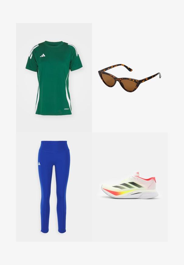 Zielona koszulka sportowa wykonana z materiału odprowadzającego wilgoć, z białymi paskami po bokach, okrągłym dekoltem oraz logiem Adidas na górnej lewej stronie.; Niebieskie legginsy sportowe z wysokim stanem, wykonane z elastycznego materiału, z białym logo na lewym biodrze i dyskretnymi mankietami.; Buty do biegania z lekką białą cholewką z siateczki, czarnymi paskami, neonowymi żółtymi akcentami, różowym obcasem i zakrzywioną białą podeszwą.; Okulary przeciwsłoneczne w kształcie kocich oczu z czarno-pomarańczową oprawą w deseń żółwia, brązowymi soczewkami i eleganckimi, spiczastymi końcówkami. Posiadają minimalistyczne logo na zauszniku.