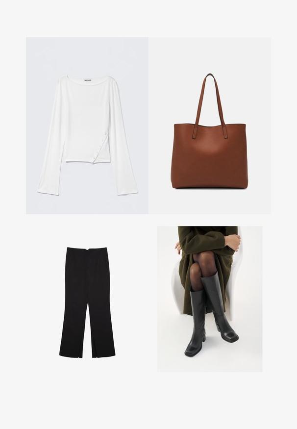 Weißes Langarmshirt aus weichem Stoff. Verfügt über einen abgerundeten Halsausschnitt, seitliche Knopfdetails und eine gekürzte Silhouette. Glatte Textur, lässiges Design.; Schwarze Hose mit geradem Schnitt, ausgestattet mit Fronttaschen und Seitenschlitzen am Saum. Hergestellt aus weichem, glattem Stoff. Geeignet für verschiedene Anlässe.; Knöchelhöhe schwarze Lederstiefel mit quadrater Spitze und Blockabsatz, gezeigt mit einem Modell, das einen olivgrünen Mantel trägt. Glatte Textur, minimale Details.; Braune Leder-Tote mit glatter Textur, offenem Oberteil und zwei Schulterriemen. Verfügt über minimale Nähte und keine sichtbaren Beschläge.