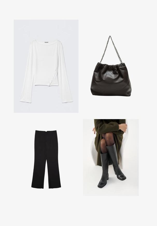 Biele tričko s dlhým rukávom vyrobené z mäkkej látky. Má zaoblený výstrih, bočný detail s gombíkmi a skrátený strih. Hladká textúra, ležérny dizajn.; Čierne nohavice so strihom rovného strihu, s prednými vreckami a bočnými rozparkami na leme. Vyrobené z mäkkej, hladkej tkaniny. Vhodné na rôzne príležitosti.; Čierne kožené čižmy po kolená so štvrtým prstom a blokovým opätkom, zobrazené s modelom sediacim v olivovo zelenej bunde. Hladká textúra, minimálne detaily.; Hnedá kožená taška so zberaným vrchom a reťazovým popruhom. Hladký povrch s lesklým finišom a jemným švom po stranách.