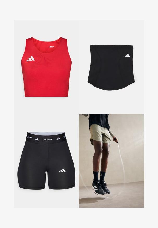 Rød atletisk crop top med ribbet tekstur, der har en rund halsudskæring, brede skulderstropper og hvid logo-detaljering.; Sorte shorts lavet af strækbart stof med en tætsiddende design. Har en bred sort elastik med påskriften "TECHFIT" og et hvidt logo på benet.; Sorte sportssko med hvide striber, olivengrønne shorts og marineblå sokker. En sjippetov er i personens hænder. Neutral baggrund.; Sort atletisk pandebånd med en glat overflade, buet form og elastisk top. Har et lille hvidt Adidas-logo på siden.
