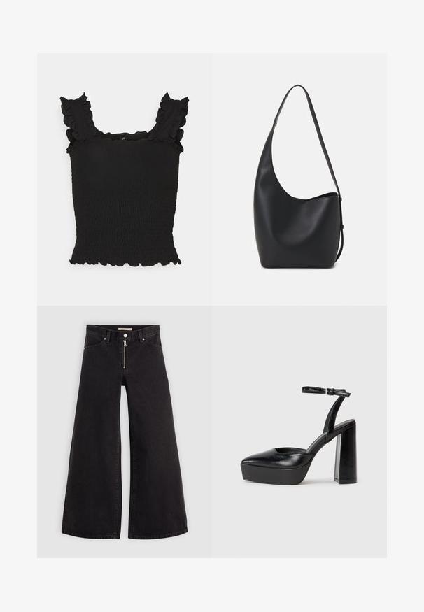Črna smokan tank top majica z nabranimi naramnicami in valovitim robom. Mehka, teksturirana tkanina z oprijetim krojem, ki poudarja postavo.; Široke traperice iz črnega denima z zadrgo spredaj, petimi žepi in diskretnimi šivi. Gladka tekstura in ležeren slog.; Črne platforme z visokimi petami in koničastim nosom ter nastavljivim gležnjenjskim trakom. Narejene iz gladke usnje, s kockasto peto.; Črna usnjena hobo torba z gladko teksturo, ukrivljeno obliko in eno nastavljivo naramnico; ima širok odprtina na vrhu.