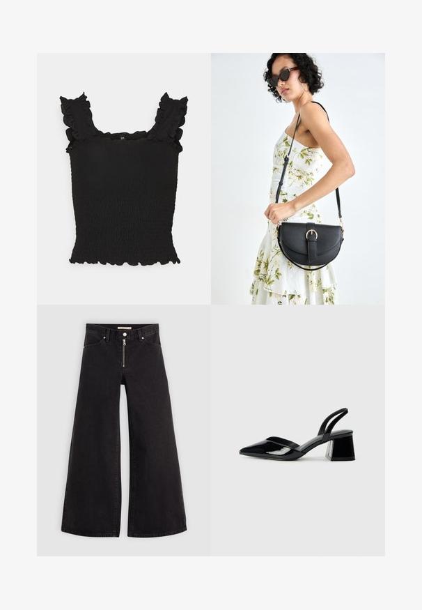 Črna smokan tank top majica z nabranimi naramnicami in valovitim robom. Mehka, teksturirana tkanina z oprijetim krojem, ki poudarja postavo.; Široke traperice iz črnega denima z zadrgo spredaj, petimi žepi in diskretnimi šivi. Gladka tekstura in ležeren slog.; Črne lakirane slingback pete s koničastim nosom in geometrijsko blokasto peto. Imajo eleganten, minimalističen dizajn in gladko teksturo.; Črna usnjena torbica s ukrivljeno obliko, z odstranljivo naramnico in zlatimi dodatki. Torbica ima pokrov s podrobnostmi v obliki zaponke.