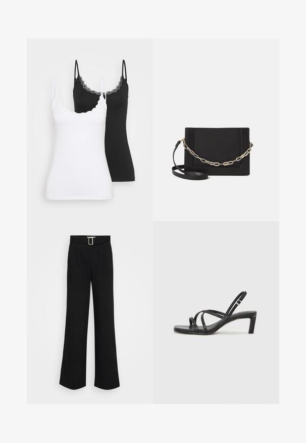 Two slim-fit camisoles with lace trim, one in white and one in black, shown on a plain light background.; Black wide-leg trousers made of lightweight fabric, featuring a smooth texture, front pleats, and a belt with a square metal buckle.; Black strappy sandal with a square toe and a low block heel. Features multiple thin straps and an adjustable ankle strap. Made of smooth leather.; Black leather crossbody bag featuring a smooth texture, rectangular shape, and a metallic chain detail on the front. Adjustable strap included.